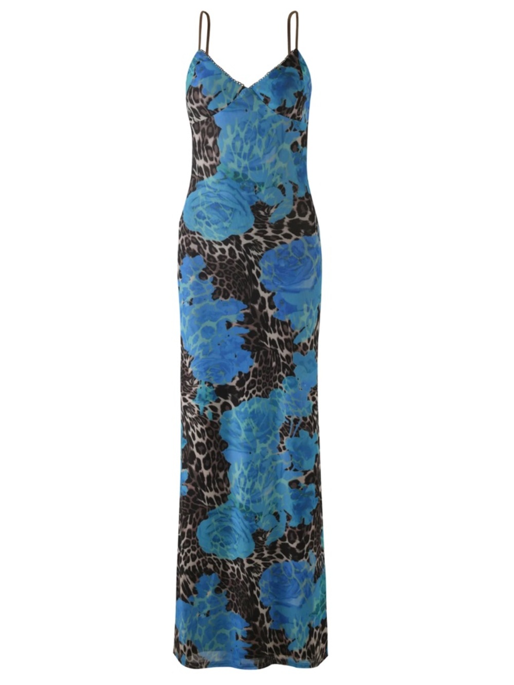 Tiger Mist Blue Floral and Black Animal-Print Slip Maxi Dress